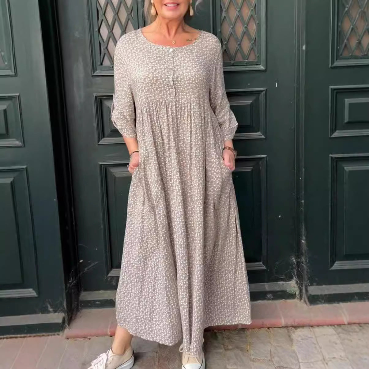 Ave Franco™ Abito da donna con chiusura a bottoni, maniche a 3/4 e motivo a pois