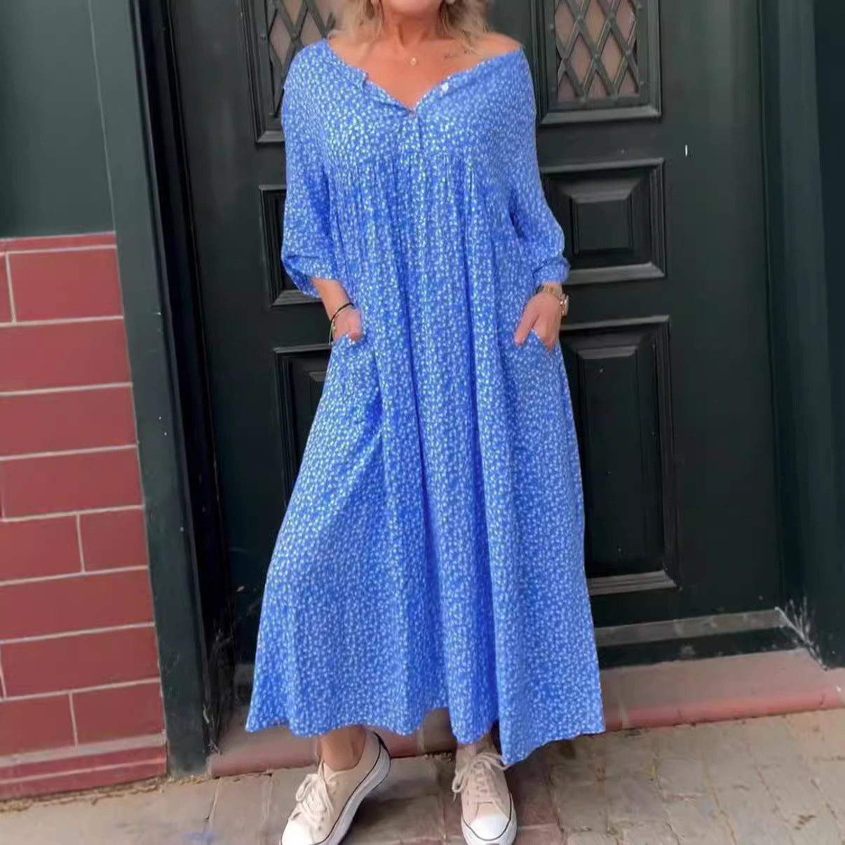 Ave Franco™ Abito da donna con chiusura a bottoni, maniche a 3/4 e motivo a pois