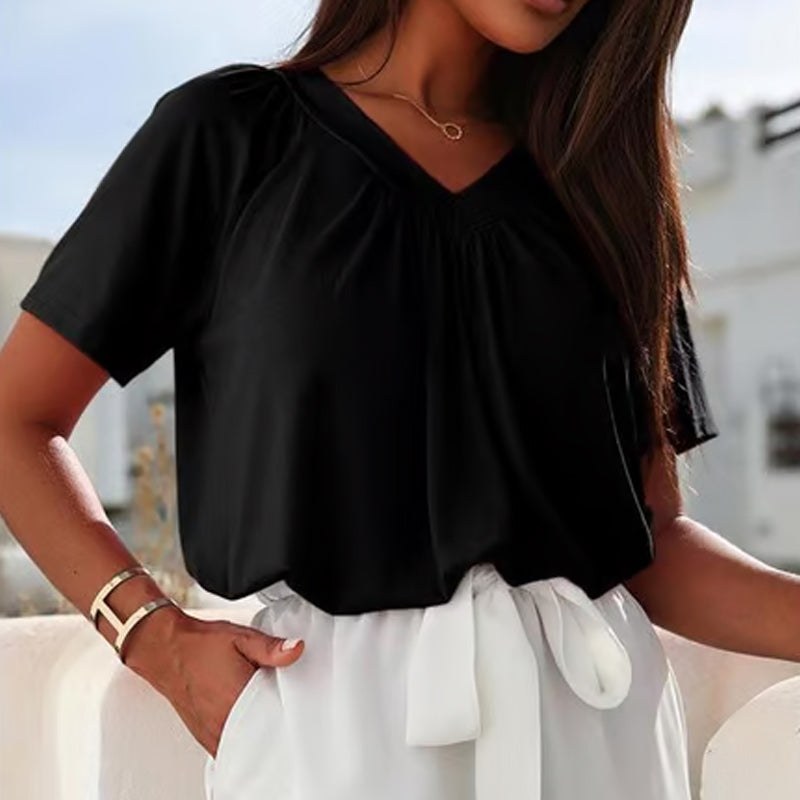 Iris Pilotti™ Top casual da donna a pieghe con maniche corte e scollo a V