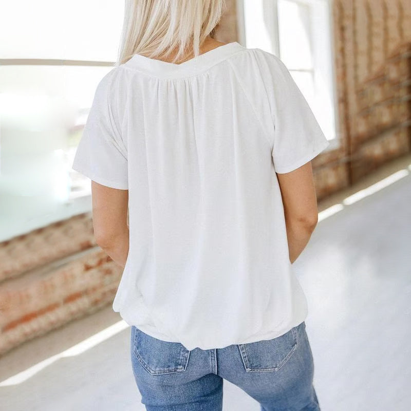 Iris Pilotti™ Top casual da donna a pieghe con maniche corte e scollo a V
