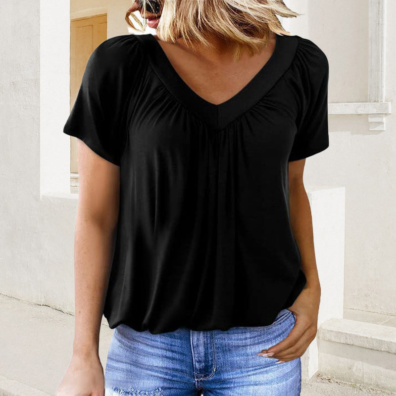 Iris Pilotti™ Top casual da donna a pieghe con maniche corte e scollo a V