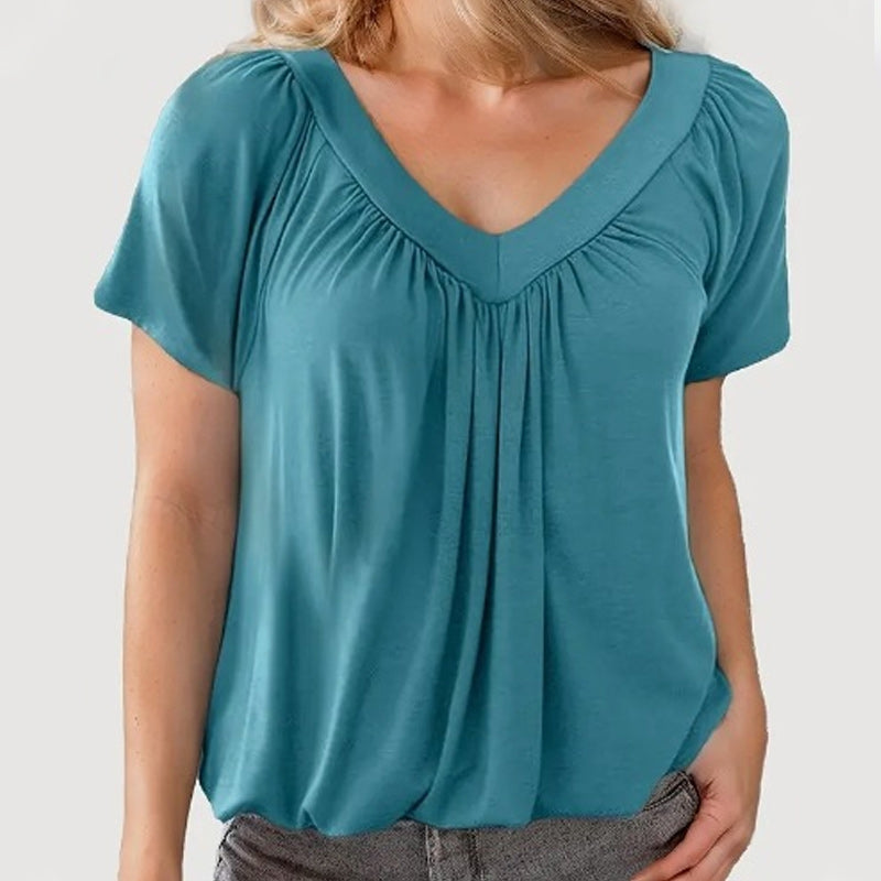 Iris Pilotti™ Top casual da donna a pieghe con maniche corte e scollo a V