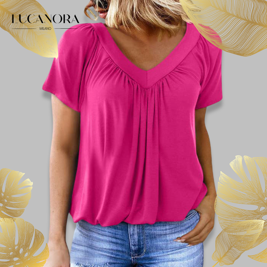 Iris Pilotti™ Top casual da donna a pieghe con maniche corte e scollo a V