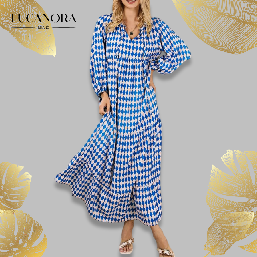 Miriam™ Maxi abito geometrico bohémien con maniche a sbuffo