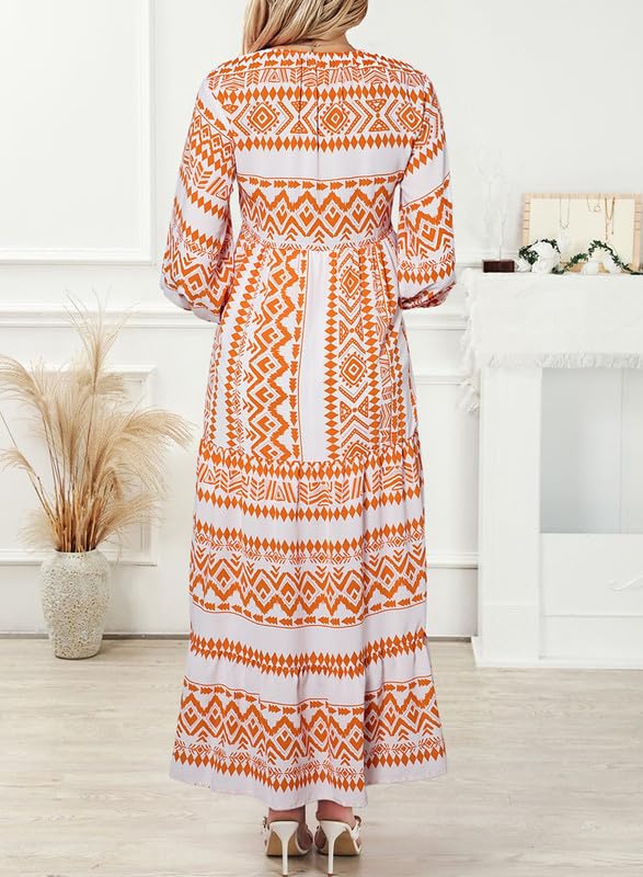 Miriam™ Maxi abito geometrico bohémien con maniche a sbuffo