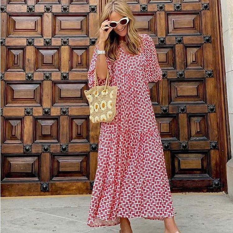 Miriam™ Maxi abito geometrico bohémien con maniche a sbuffo