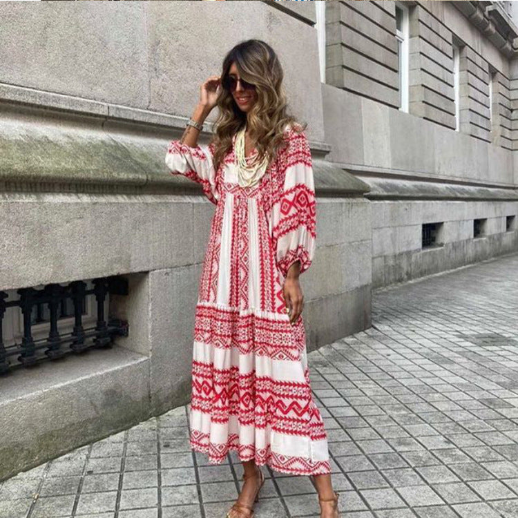 Miriam™ Maxi abito geometrico bohémien con maniche a sbuffo
