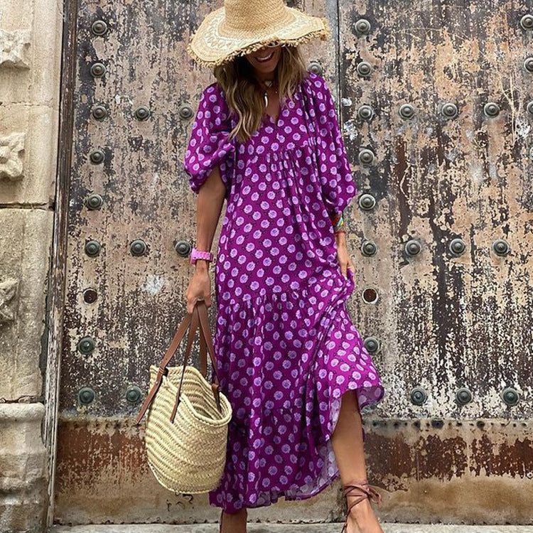 Miriam™ Maxi abito geometrico bohémien con maniche a sbuffo