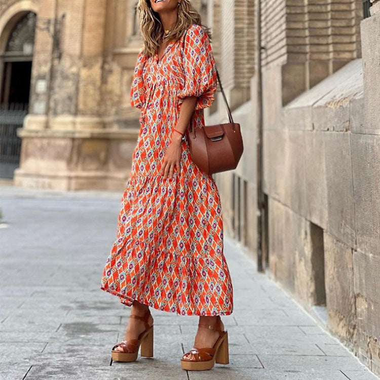 Miriam™ Maxi abito geometrico bohémien con maniche a sbuffo
