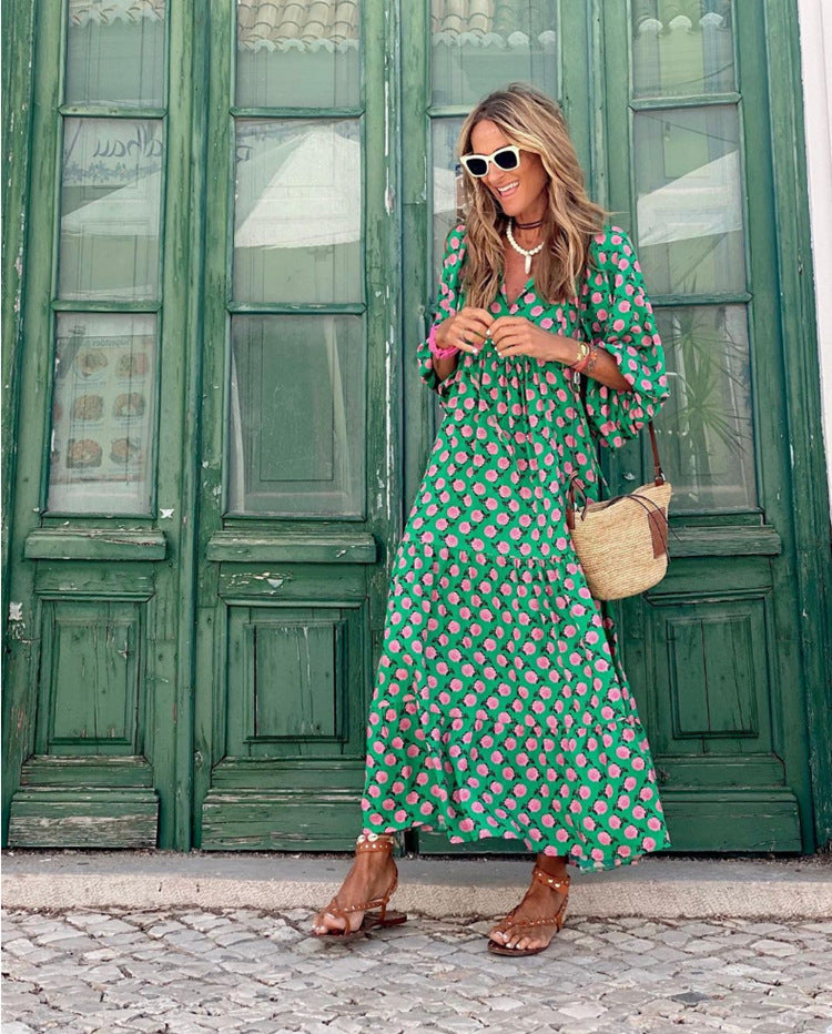 Miriam™ Maxi abito geometrico bohémien con maniche a sbuffo