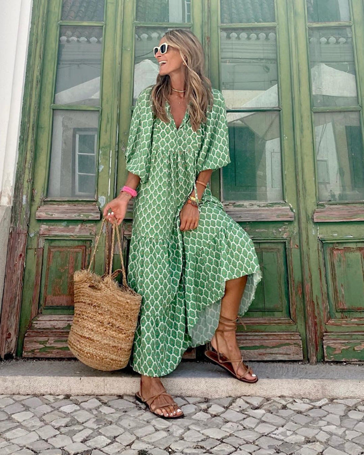 Miriam™ Maxi abito geometrico bohémien con maniche a sbuffo