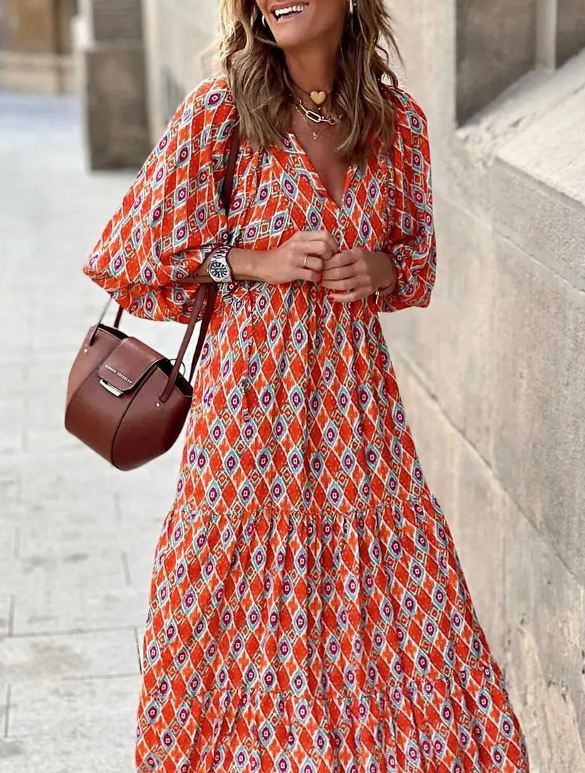 Miriam™ Maxi abito geometrico bohémien con maniche a sbuffo