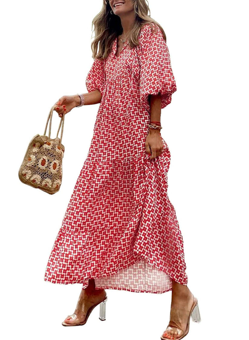 Miriam™ Maxi abito geometrico bohémien con maniche a sbuffo