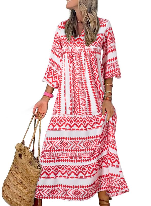 Miriam™ Maxi abito geometrico bohémien con maniche a sbuffo