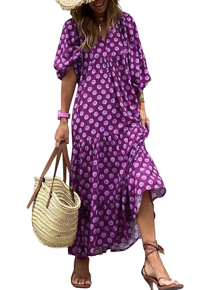 Miriam™ Maxi abito geometrico bohémien con maniche a sbuffo