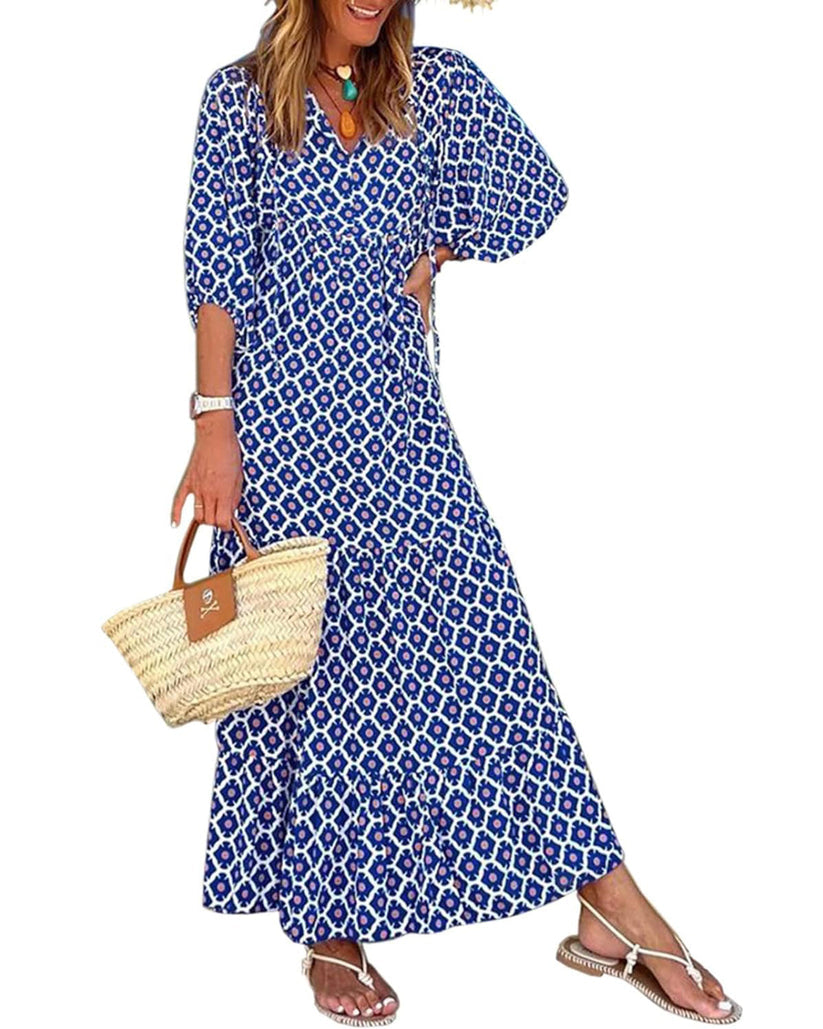Miriam™ Maxi abito geometrico bohémien con maniche a sbuffo