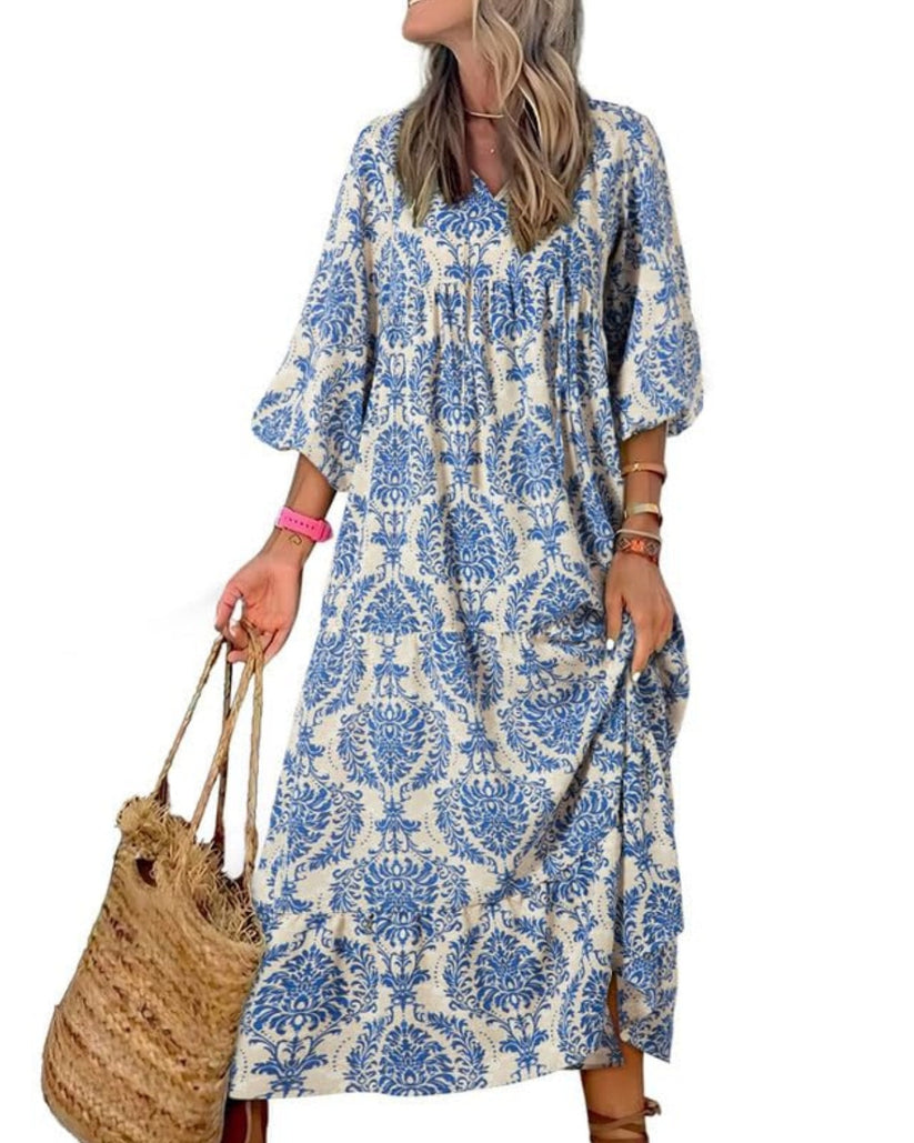 Miriam™ Maxi abito geometrico bohémien con maniche a sbuffo