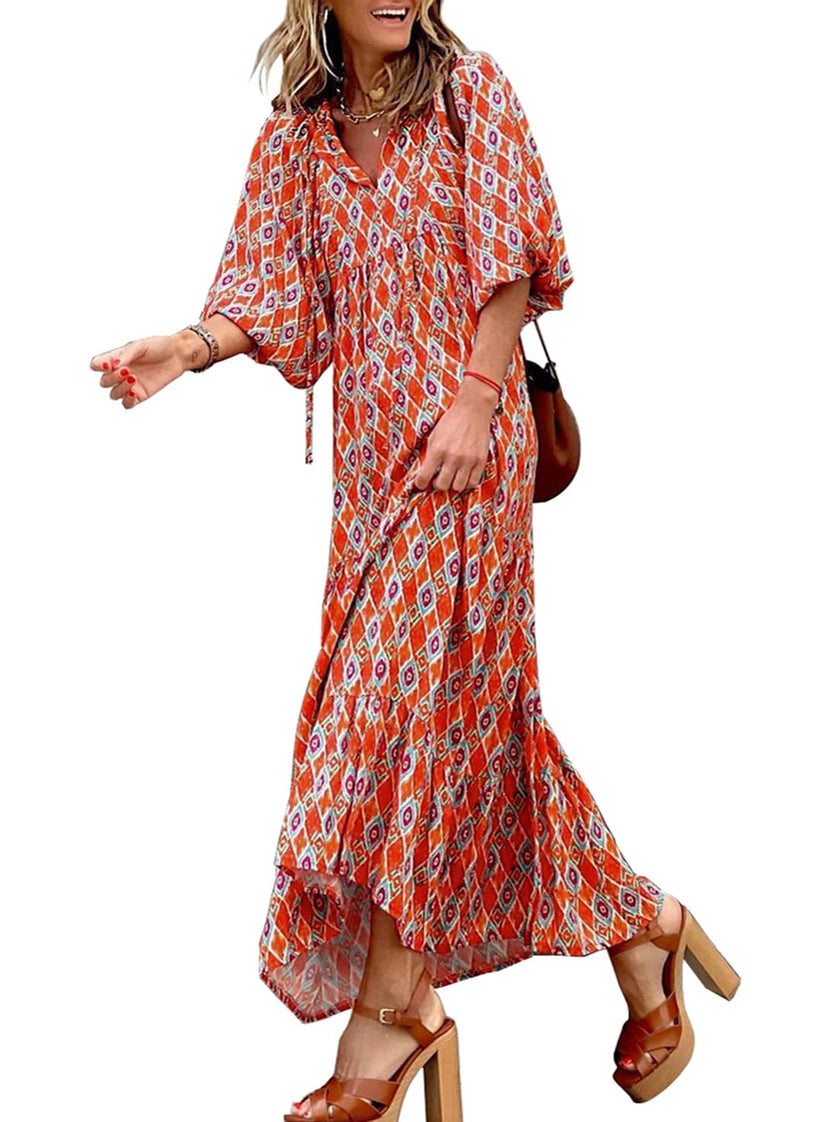 Miriam™ Maxi abito geometrico bohémien con maniche a sbuffo