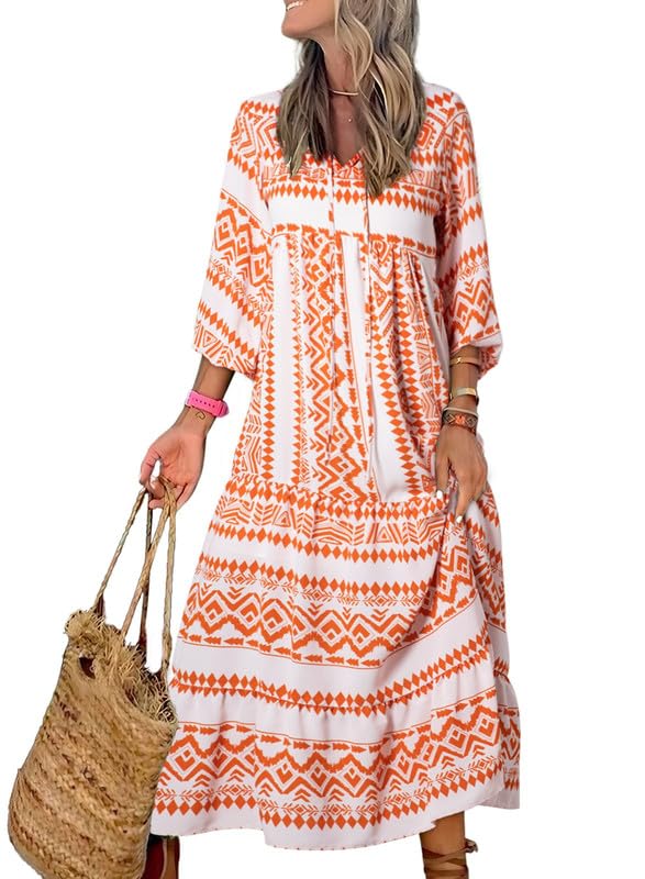 Miriam™ Maxi abito geometrico bohémien con maniche a sbuffo