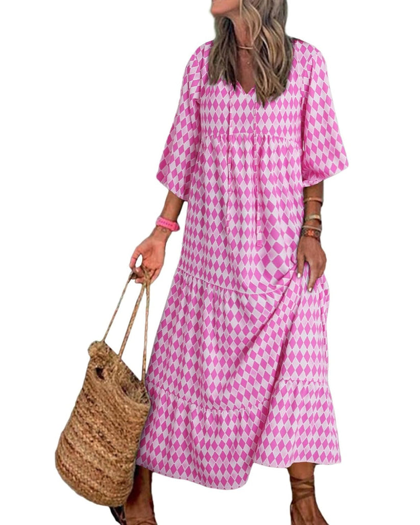 Miriam™ Maxi abito geometrico bohémien con maniche a sbuffo