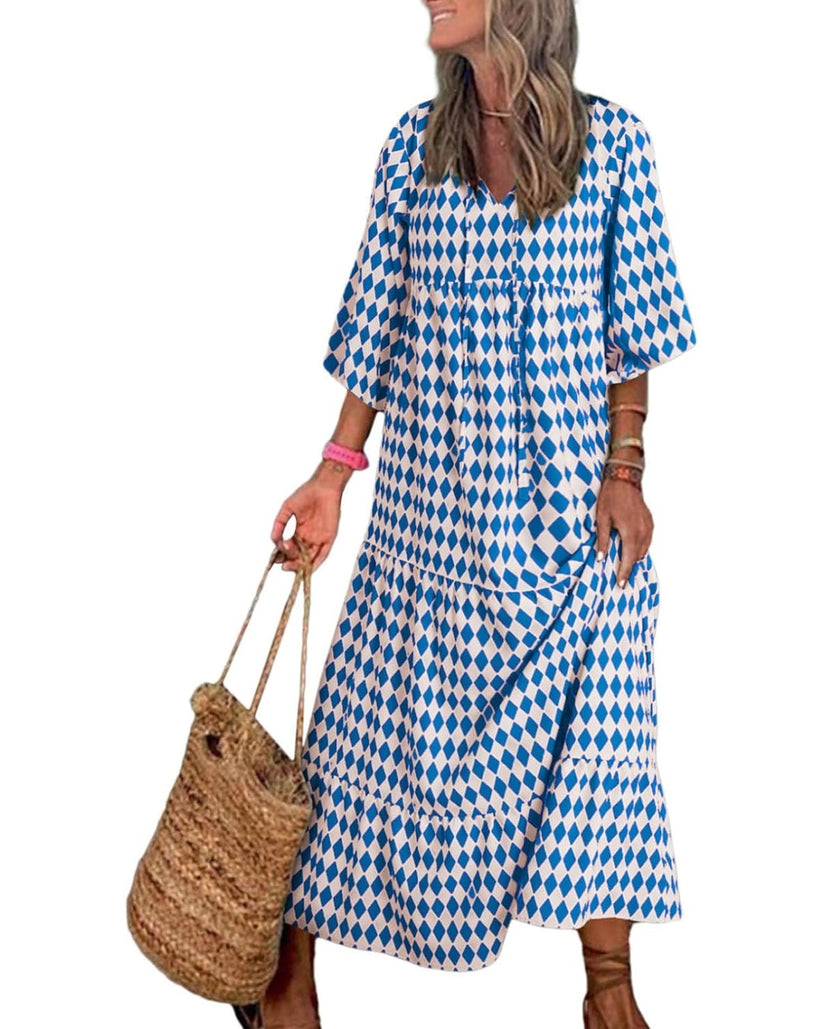 Miriam™ Maxi abito geometrico bohémien con maniche a sbuffo