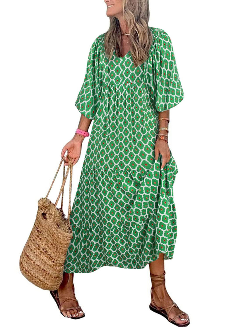 Miriam™ Maxi abito geometrico bohémien con maniche a sbuffo
