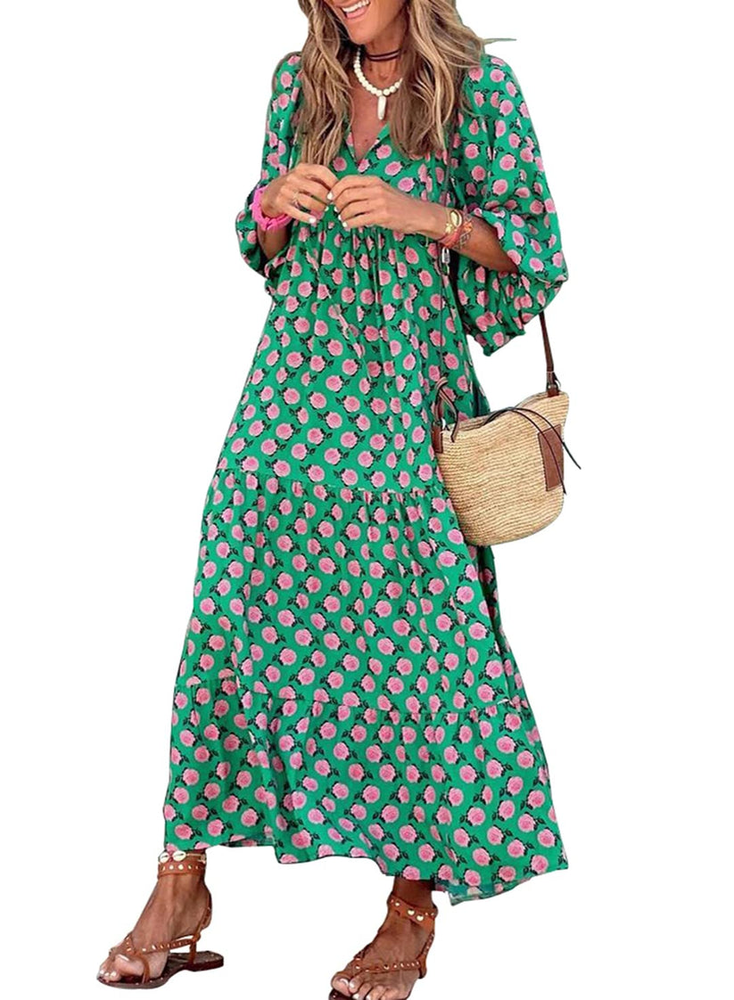 Miriam™ Maxi abito geometrico bohémien con maniche a sbuffo