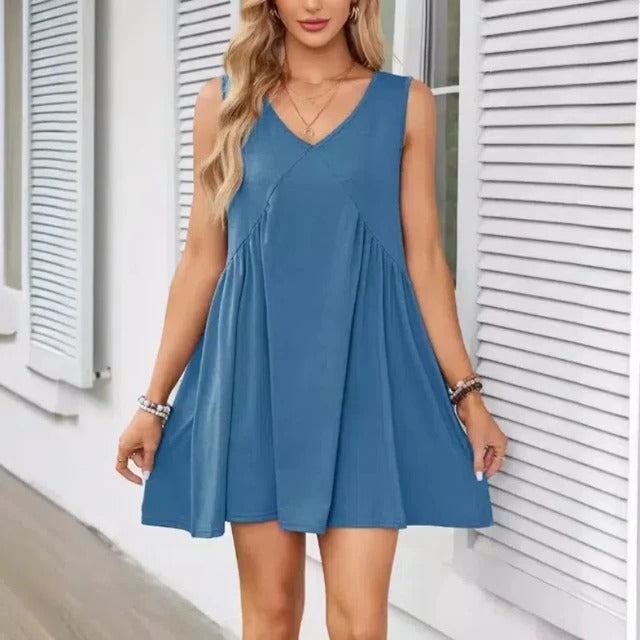 Monica Verno™ Abito plissettato ampio senza maniche con scollo a V da donna