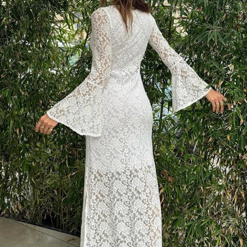 Palmazio™ Lussuoso abito midi in pizzo con maniche a campana