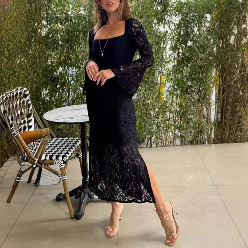 Palmazio™ Lussuoso abito midi in pizzo con maniche a campana