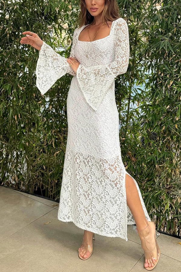 Palmazio™ Lussuoso abito midi in pizzo con maniche a campana