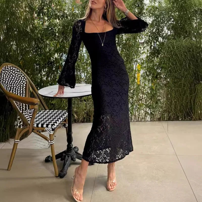 Palmazio™ Lussuoso abito midi in pizzo con maniche a campana