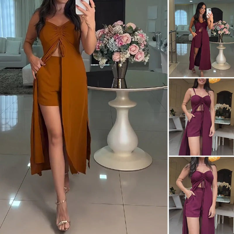 Savina Rosania™ Completo 2 pezzi con canotta senza maniche con scollo a V e spacco, abito lungo e pantaloncini