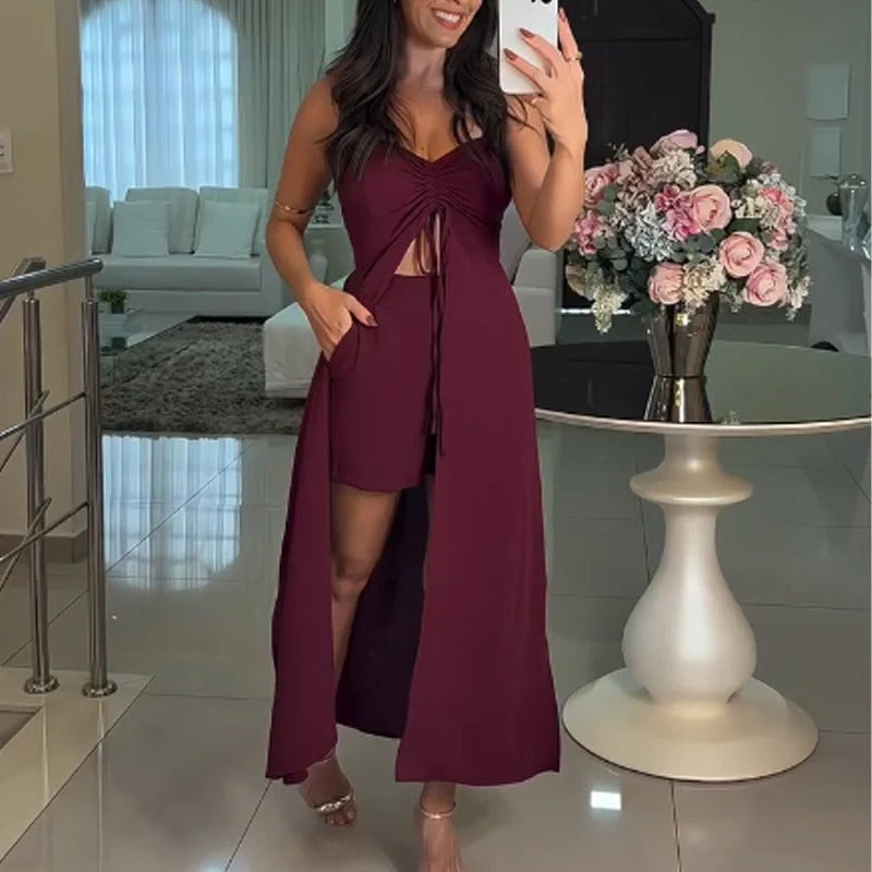 Savina Rosania™ Completo 2 pezzi con canotta senza maniche con scollo a V e spacco, abito lungo e pantaloncini