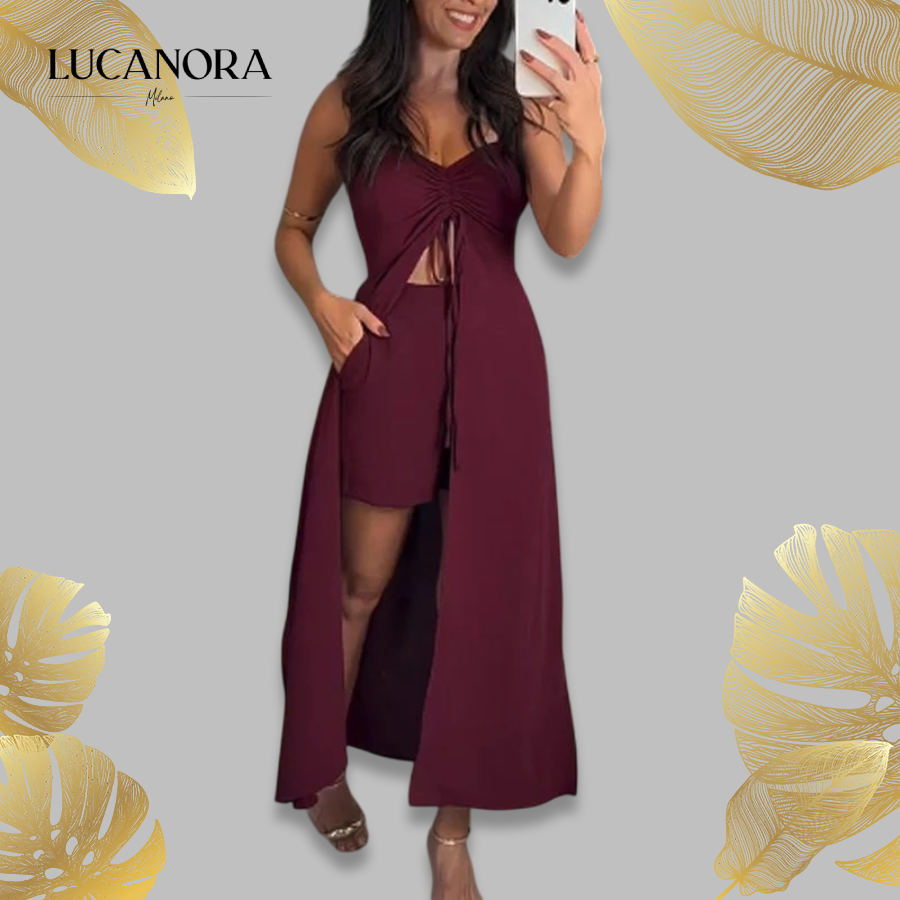 Savina Rosania™ Completo 2 pezzi con canotta senza maniche con scollo a V e spacco, abito lungo e pantaloncini