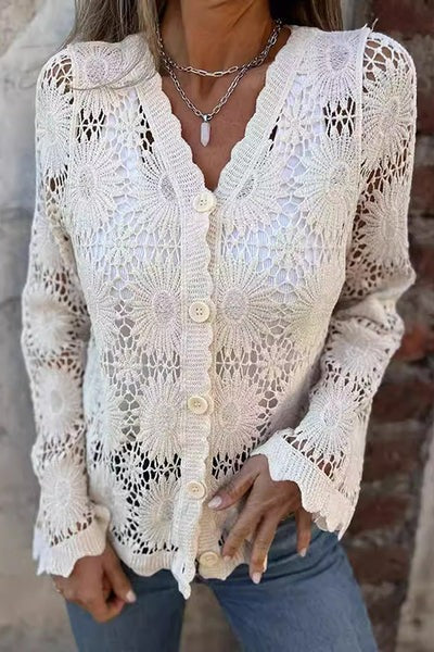 Veriana Tanzi™ Elegante camicetta con maniche lunghe, scollo a V e pizzo