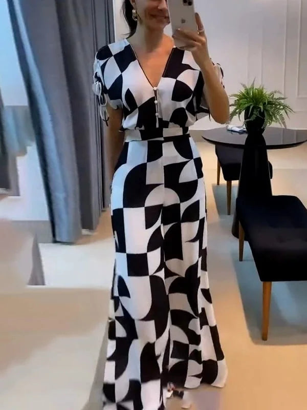 Ave Ajello™ Tuta a gamba larga con stampa geometrica e scollo a V da donna