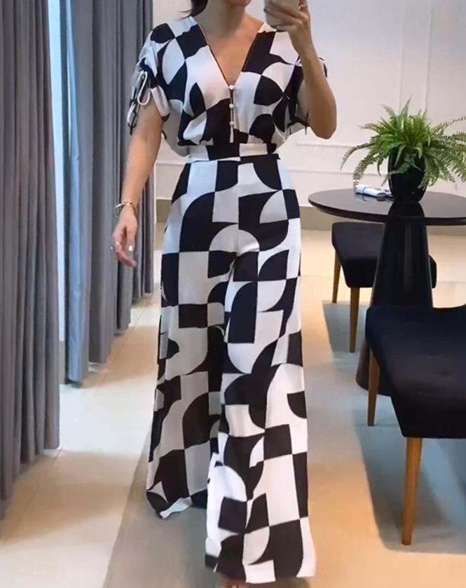 Ave Ajello™ Tuta a gamba larga con stampa geometrica e scollo a V da donna