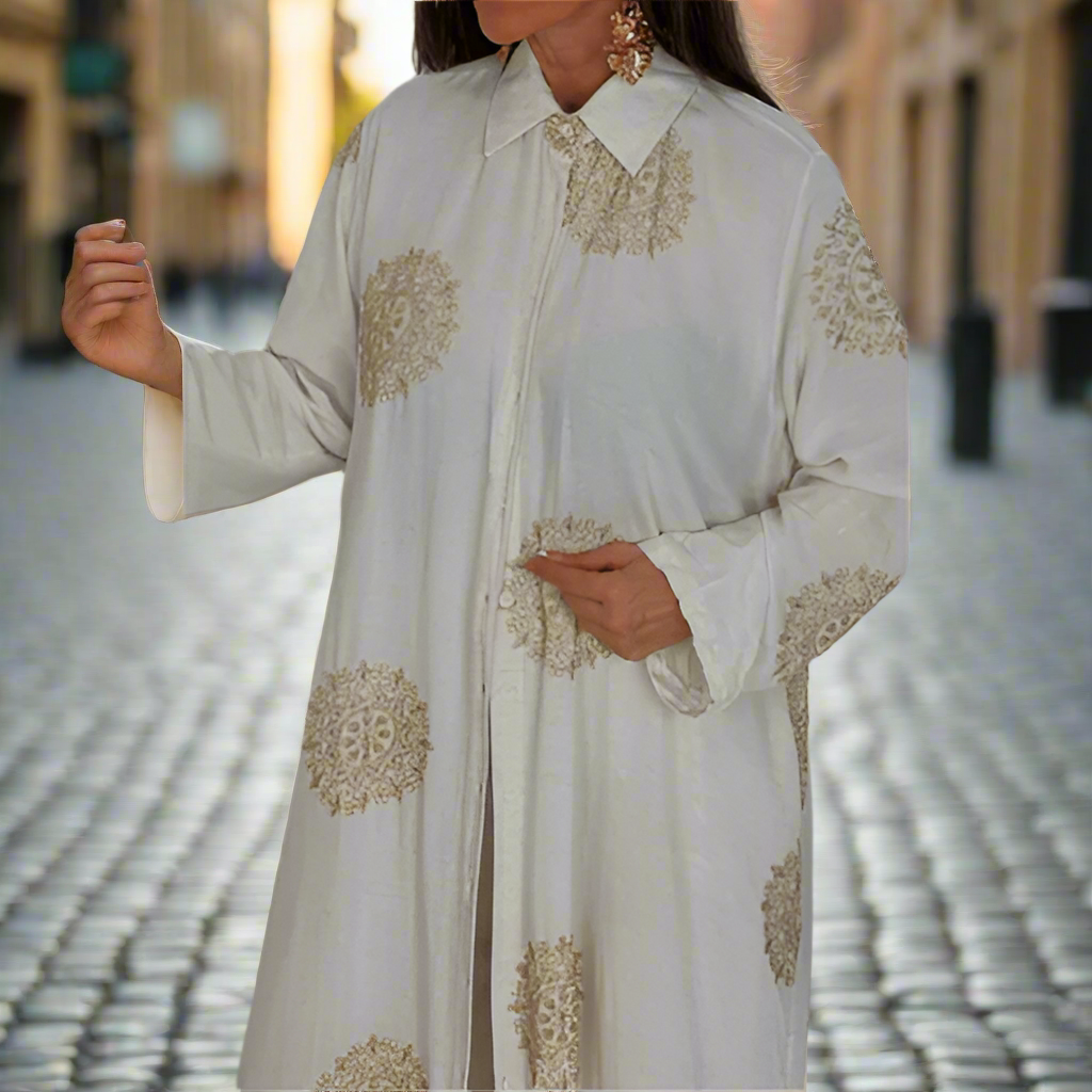 Erica Amadio™ Completo due pezzi composto da cappotto lungo con scollo a V e pantaloni a gamba larga stampati di