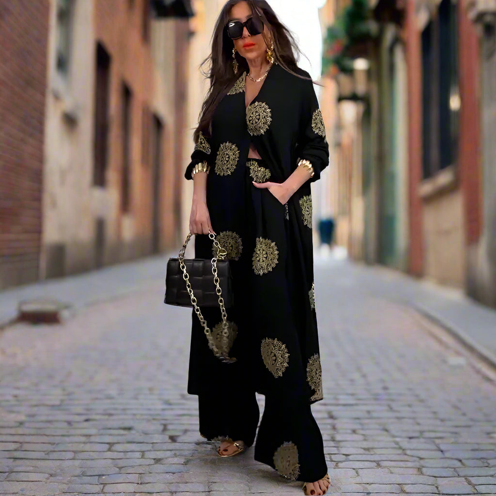 Erica Amadio™ Completo due pezzi composto da cappotto lungo con scollo a V e pantaloni a gamba larga stampati di