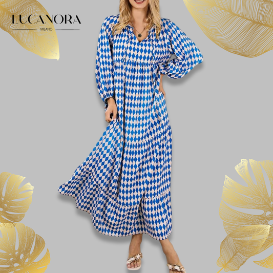 Miriam™ Maxi abito geometrico bohémien con maniche a sbuffo