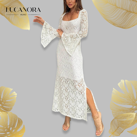 Palmazio™ Lussuoso abito midi in pizzo con maniche a campana