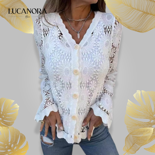 Veriana Tanzi™ Elegante camicetta con maniche lunghe, scollo a V e pizzo